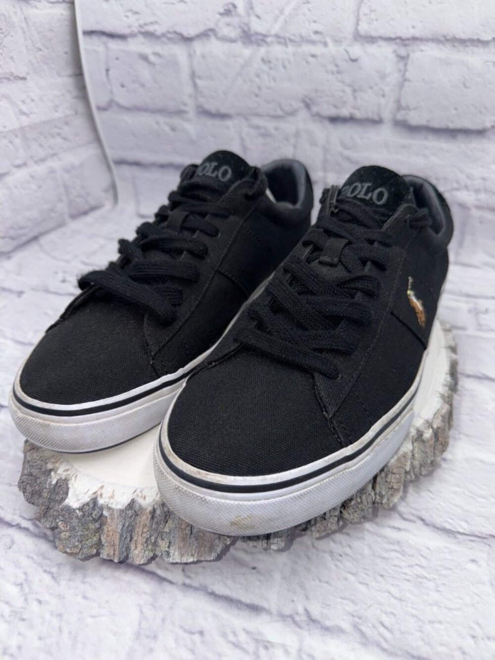 Mens Polo Ralph Lauren Sayer Black Canvas and Suede Sneakers Shoes Sz 11.5 - Picture 2 of 9
